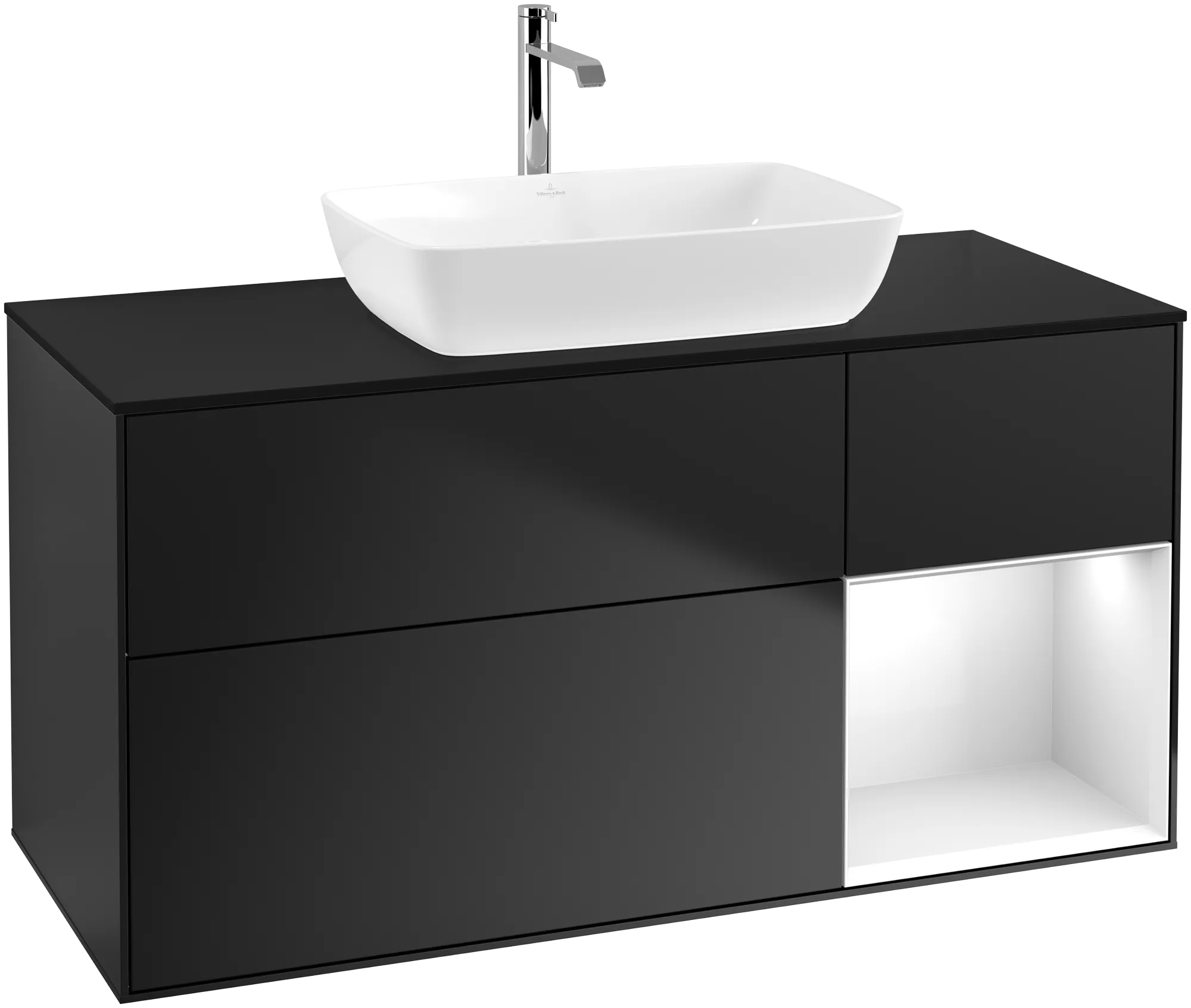 VILLEROY BOCH Finion Vanity unit, with lighting, 3 pull-out compartments, 1200 x 603 x 501 mm, Black Matt Lacquer / Glossy White Lacquer / Glass Black Matt #G832GFPD resmi