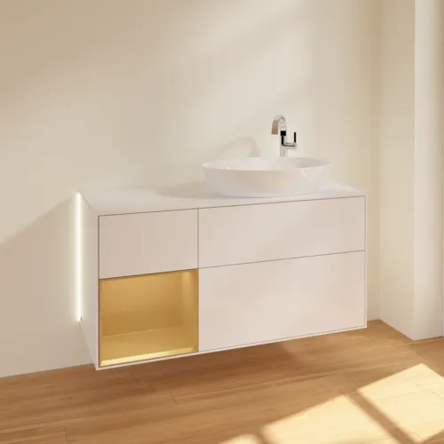VILLEROY BOCH Finion Waschbeckenunterschrank, mit Beleuchtung, 3 Auszüge, 1200 x 603 x 501 mm, Glossy White Lacquer / Gold Matt Lacquer / Glass White Matt #G921HFGF, Bild 2