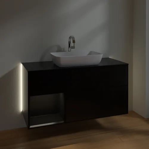 Bild von VILLEROY BOCH Finion Waschbeckenunterschrank, mit Beleuchtung, 3 Auszüge, 1200 x 603 x 501 mm, Black Matt Lacquer / Black Matt Lacquer / Glass Black Matt #G822PDPD