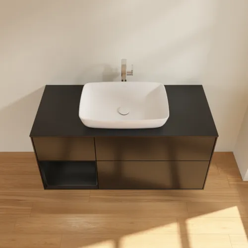 Bild von VILLEROY BOCH Finion Waschbeckenunterschrank, mit Beleuchtung, 3 Auszüge, 1200 x 603 x 501 mm, Black Matt Lacquer / Black Matt Lacquer / Glass Black Matt #G822PDPD