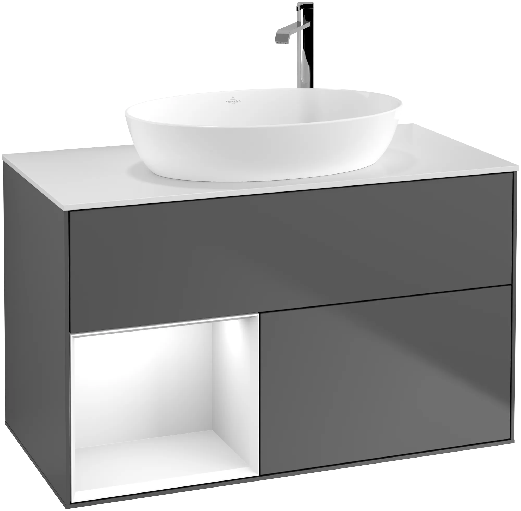 Obrázek VILLEROY BOCH Finion Vanity unit, with lighting, 2 pull-out compartments, 1000 x 603 x 501 mm, Anthracite Matt Lacquer / Glossy White Lacquer / Glass White Matt #G891GFGK