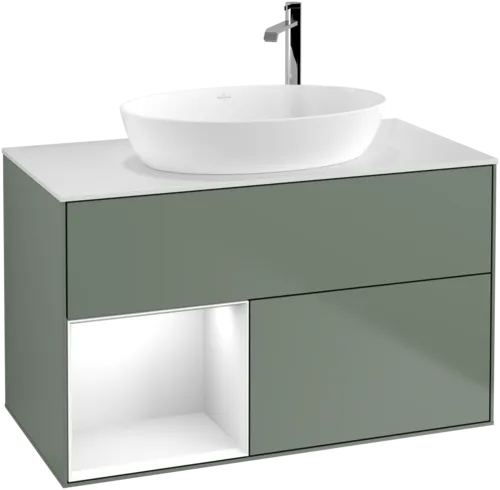 Зображення з  VILLEROY BOCH Finion Vanity unit, with lighting, 2 pull-out compartments, 1000 x 603 x 501 mm, Olive Matt Lacquer / Glossy White Lacquer / Glass White Matt #G891GFGM