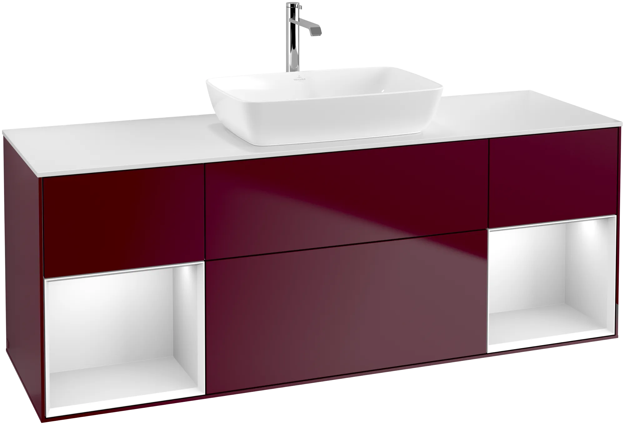 Obrázek VILLEROY BOCH Finion Vanity unit, with lighting, 4 pull-out compartments, 1600 x 603 x 501 mm, Peony Matt Lacquer / White Matt Lacquer / Glass White Matt #G861MTHB