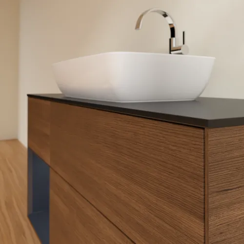 Bild von VILLEROY BOCH Finion Waschbeckenunterschrank, mit Beleuchtung, 3 Auszüge, 1200 x 603 x 501 mm, Walnut Veneer / Midnight Blue Matt Lacquer / Glass Black Matt #G822HGGN
