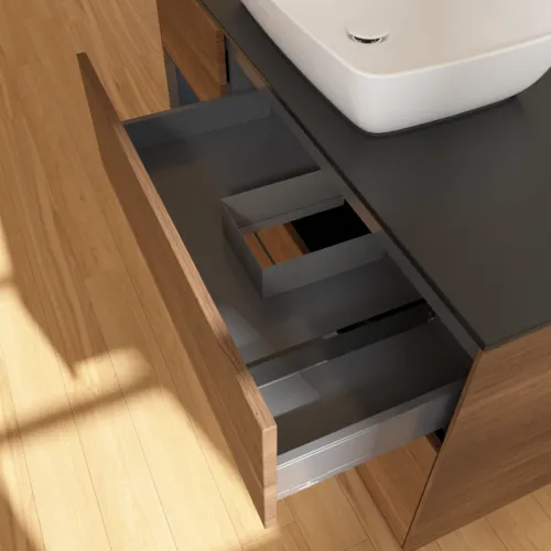 Bild von VILLEROY BOCH Finion Waschbeckenunterschrank, mit Beleuchtung, 3 Auszüge, 1200 x 603 x 501 mm, Walnut Veneer / Midnight Blue Matt Lacquer / Glass Black Matt #G822HGGN
