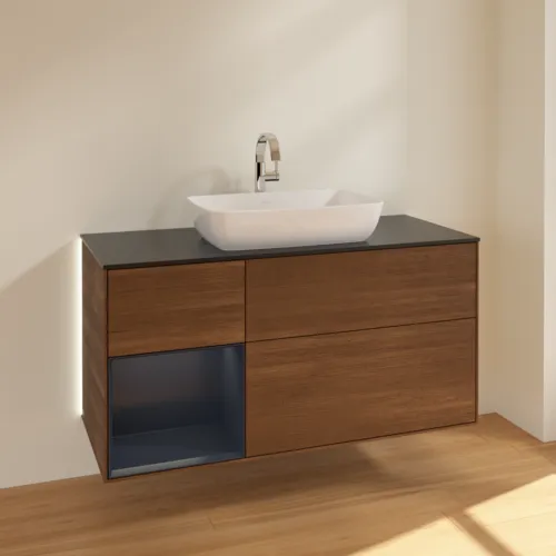Bild von VILLEROY BOCH Finion Waschbeckenunterschrank, mit Beleuchtung, 3 Auszüge, 1200 x 603 x 501 mm, Walnut Veneer / Midnight Blue Matt Lacquer / Glass Black Matt #G822HGGN