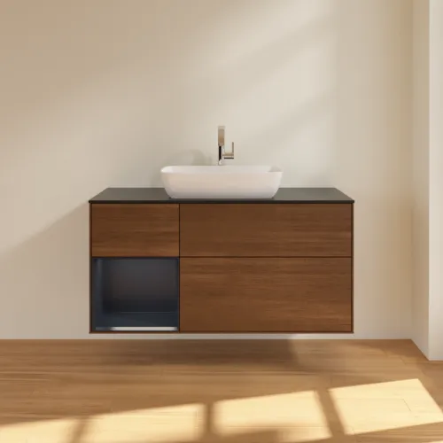 Bild von VILLEROY BOCH Finion Waschbeckenunterschrank, mit Beleuchtung, 3 Auszüge, 1200 x 603 x 501 mm, Walnut Veneer / Midnight Blue Matt Lacquer / Glass Black Matt #G822HGGN