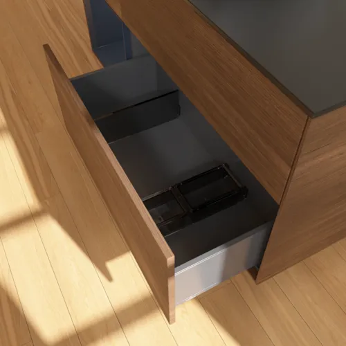 Bild von VILLEROY BOCH Finion Waschbeckenunterschrank, mit Beleuchtung, 3 Auszüge, 1200 x 603 x 501 mm, Walnut Veneer / Midnight Blue Matt Lacquer / Glass Black Matt #G822HGGN