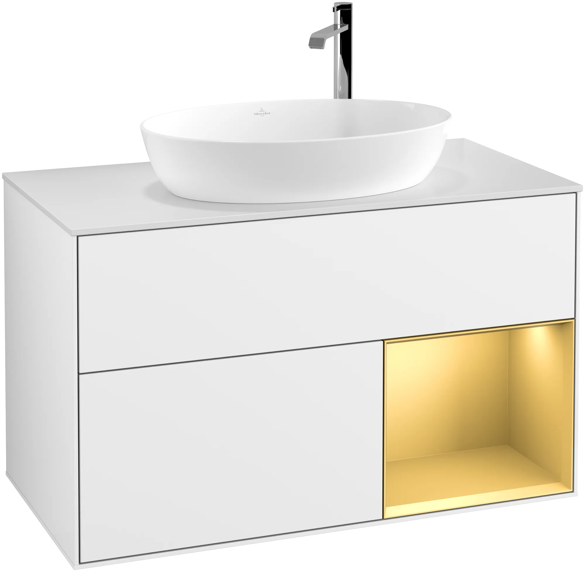 Зображення з  VILLEROY BOCH Finion Vanity unit, with lighting, 2 pull-out compartments, 1000 x 603 x 501 mm, Glossy White Lacquer / Gold Matt Lacquer / Glass White Matt #G901HFGF