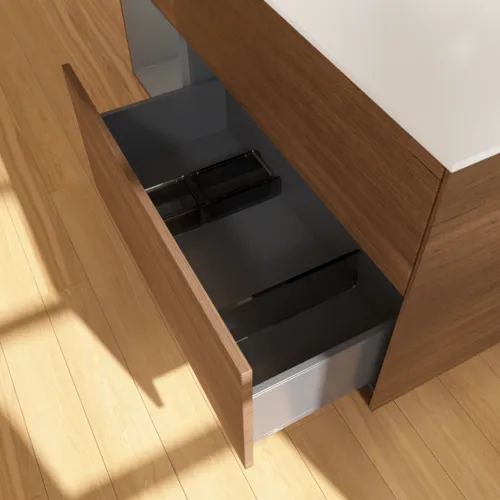 VILLEROY BOCH Finion Waschbeckenunterschrank, mit Beleuchtung, 3 Auszüge, 1200 x 603 x 501 mm, Walnut Veneer / Anthracite Matt Lacquer / Glass White Matt #G941GKGN, Bild 7