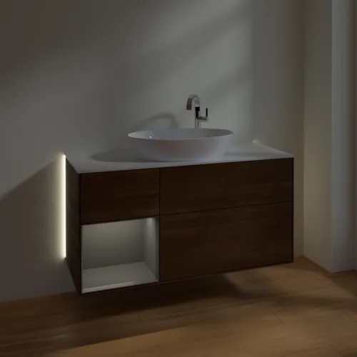 VILLEROY BOCH Finion Waschbeckenunterschrank, mit Beleuchtung, 3 Auszüge, 1200 x 603 x 501 mm, Walnut Veneer / Anthracite Matt Lacquer / Glass White Matt #G941GKGN, Bild 5