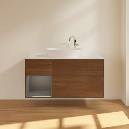 VILLEROY BOCH Finion Waschbeckenunterschrank, mit Beleuchtung, 3 Auszüge, 1200 x 603 x 501 mm, Walnut Veneer / Anthracite Matt Lacquer / Glass White Matt #G941GKGN, Bild 3