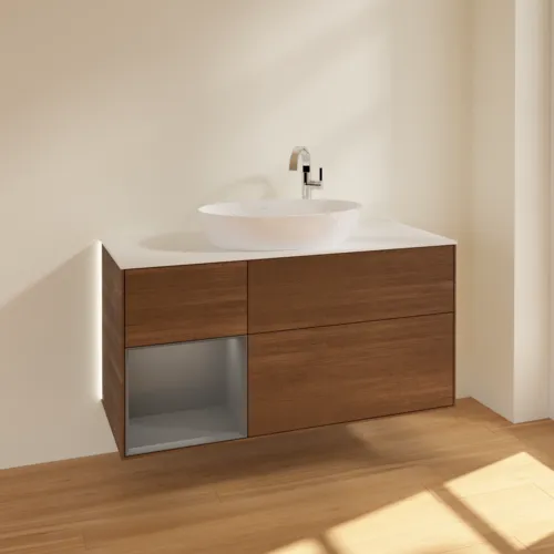 VILLEROY BOCH Finion Waschbeckenunterschrank, mit Beleuchtung, 3 Auszüge, 1200 x 603 x 501 mm, Walnut Veneer / Anthracite Matt Lacquer / Glass White Matt #G941GKGN, Bild 2