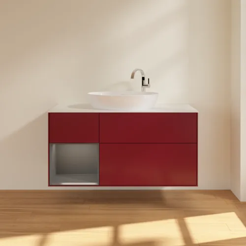Bild von VILLEROY BOCH Finion Waschbeckenunterschrank, mit Beleuchtung, 3 Auszüge, 1200 x 603 x 501 mm, Peony Matt Lacquer / Anthracite Matt Lacquer / Glass White Matt #G941GKHB