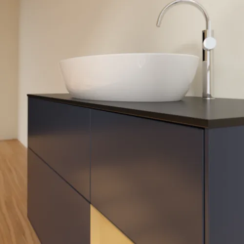 VILLEROY BOCH Finion Waschbeckenunterschrank, mit Beleuchtung, 3 Auszüge, 1200 x 603 x 501 mm, Midnight Blue Matt Lacquer / Gold Matt Lacquer / Glass Black Matt #G952HFHG, Bild 6