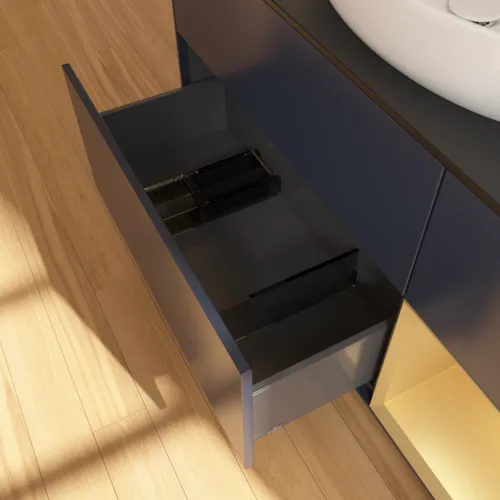 VILLEROY BOCH Finion Waschbeckenunterschrank, mit Beleuchtung, 3 Auszüge, 1200 x 603 x 501 mm, Midnight Blue Matt Lacquer / Gold Matt Lacquer / Glass Black Matt #G952HFHG, Bild 7