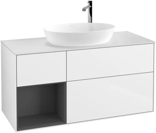 Зображення з  VILLEROY BOCH Finion Vanity unit, with lighting, 3 pull-out compartments, 1200 x 603 x 501 mm, Glossy White Lacquer / Anthracite Matt Lacquer / Glass White Matt #G941GKGF
