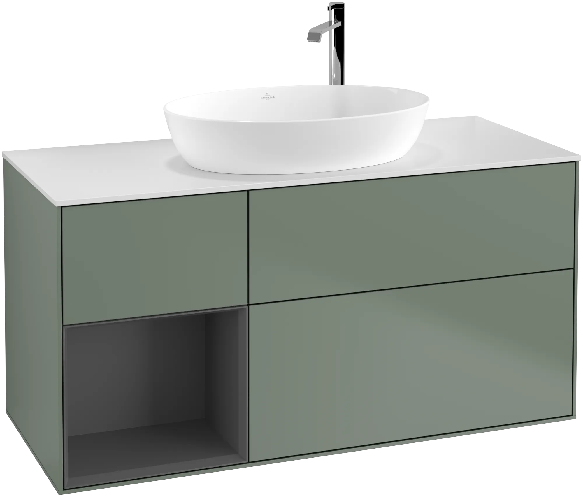 Зображення з  VILLEROY BOCH Finion Vanity unit, with lighting, 3 pull-out compartments, 1200 x 603 x 501 mm, Olive Matt Lacquer / Anthracite Matt Lacquer / Glass White Matt #G941GKGM