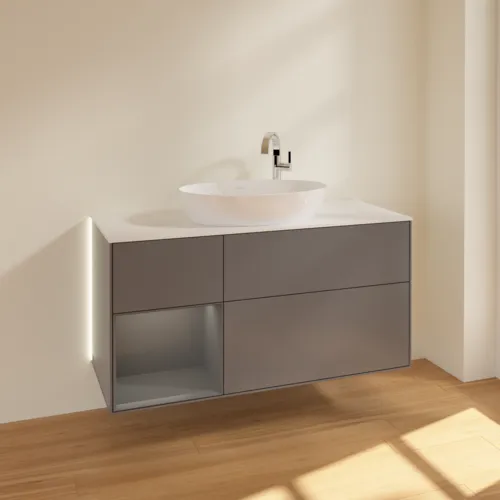 Bild von VILLEROY BOCH Finion Waschbeckenunterschrank, mit Beleuchtung, 3 Auszüge, 1200 x 603 x 501 mm, Anthracite Matt Lacquer / Anthracite Matt Lacquer / Glass White Matt #G941GKGK