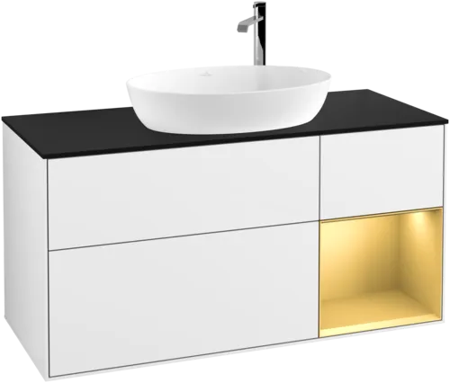 Зображення з  VILLEROY BOCH Finion Vanity unit, with lighting, 3 pull-out compartments, 1200 x 603 x 501 mm, Glossy White Lacquer / Gold Matt Lacquer / Glass Black Matt #G952HFGF