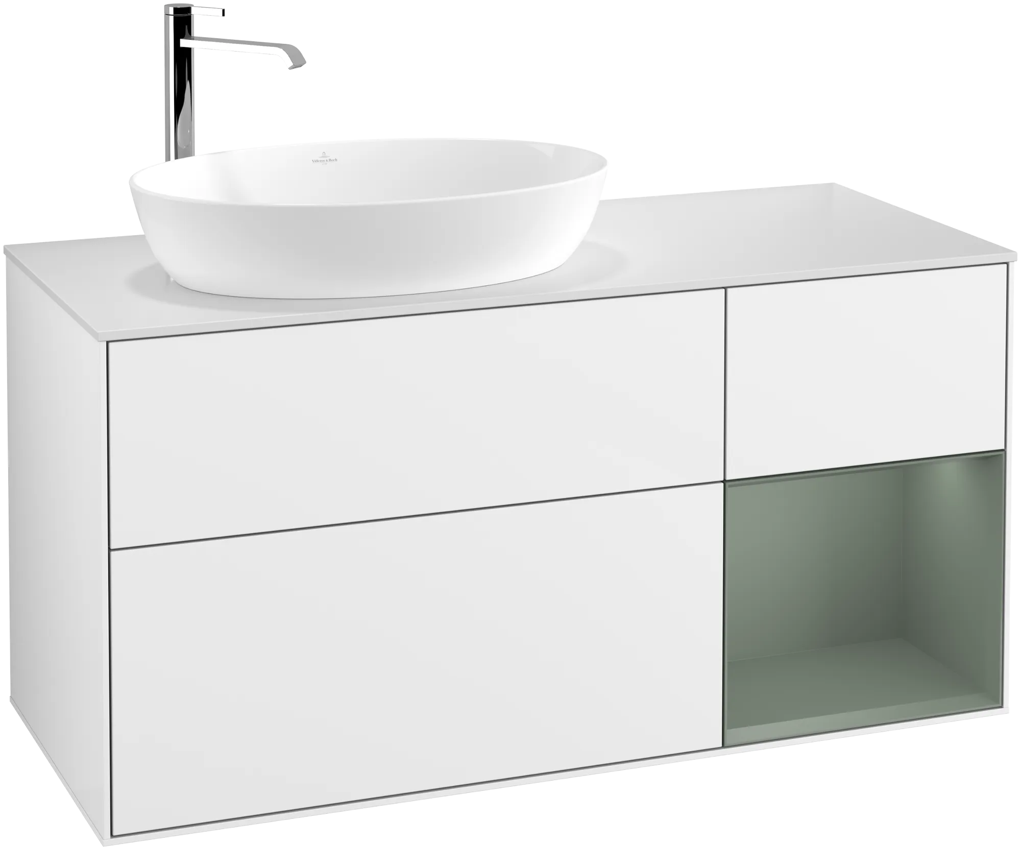 Зображення з  VILLEROY BOCH Finion Vanity unit, with lighting, 3 pull-out compartments, 1200 x 603 x 501 mm, Glossy White Lacquer / Olive Matt Lacquer / Glass White Matt #G931GMGF