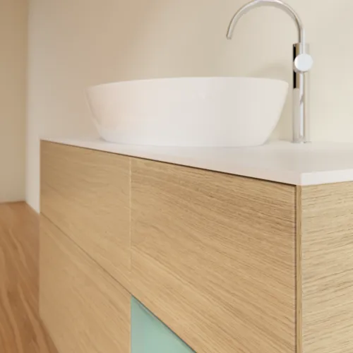 VILLEROY BOCH Finion Waschbeckenunterschrank, mit Beleuchtung, 3 Auszüge, 1200 x 603 x 501 mm, Oak Veneer / Olive Matt Lacquer / Glass White Matt #G951GMPC, Bild 6