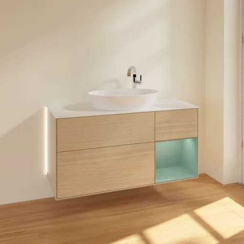 VILLEROY BOCH Finion Waschbeckenunterschrank, mit Beleuchtung, 3 Auszüge, 1200 x 603 x 501 mm, Oak Veneer / Olive Matt Lacquer / Glass White Matt #G951GMPC, Bild 2