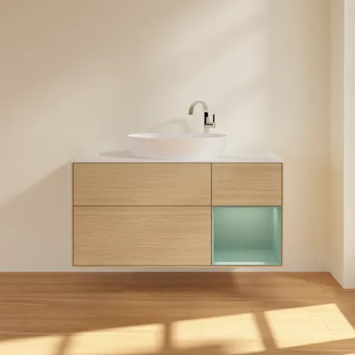VILLEROY BOCH Finion Waschbeckenunterschrank, mit Beleuchtung, 3 Auszüge, 1200 x 603 x 501 mm, Oak Veneer / Olive Matt Lacquer / Glass White Matt #G951GMPC, Bild 3