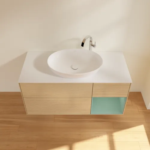 VILLEROY BOCH Finion Waschbeckenunterschrank, mit Beleuchtung, 3 Auszüge, 1200 x 603 x 501 mm, Oak Veneer / Olive Matt Lacquer / Glass White Matt #G951GMPC, Bild 4