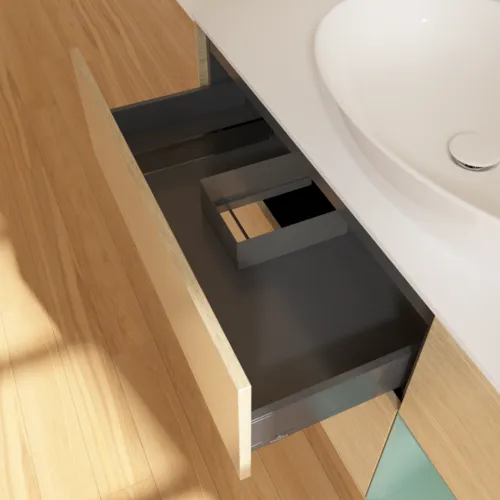 VILLEROY BOCH Finion Waschbeckenunterschrank, mit Beleuchtung, 3 Auszüge, 1200 x 603 x 501 mm, Oak Veneer / Olive Matt Lacquer / Glass White Matt #G951GMPC, Bild 8