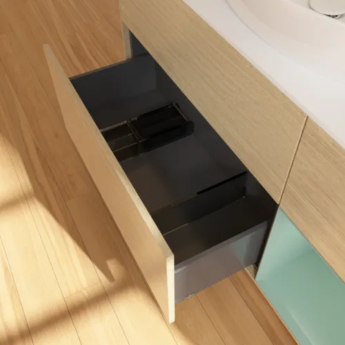 VILLEROY BOCH Finion Waschbeckenunterschrank, mit Beleuchtung, 3 Auszüge, 1200 x 603 x 501 mm, Oak Veneer / Olive Matt Lacquer / Glass White Matt #G951GMPC, Bild 7