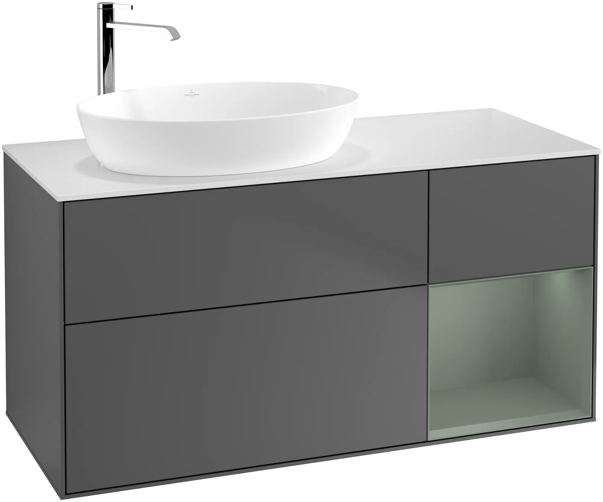 Зображення з  VILLEROY BOCH Finion Vanity unit, with lighting, 3 pull-out compartments, 1200 x 603 x 501 mm, Anthracite Matt Lacquer / Olive Matt Lacquer / Glass White Matt #G931GMGK