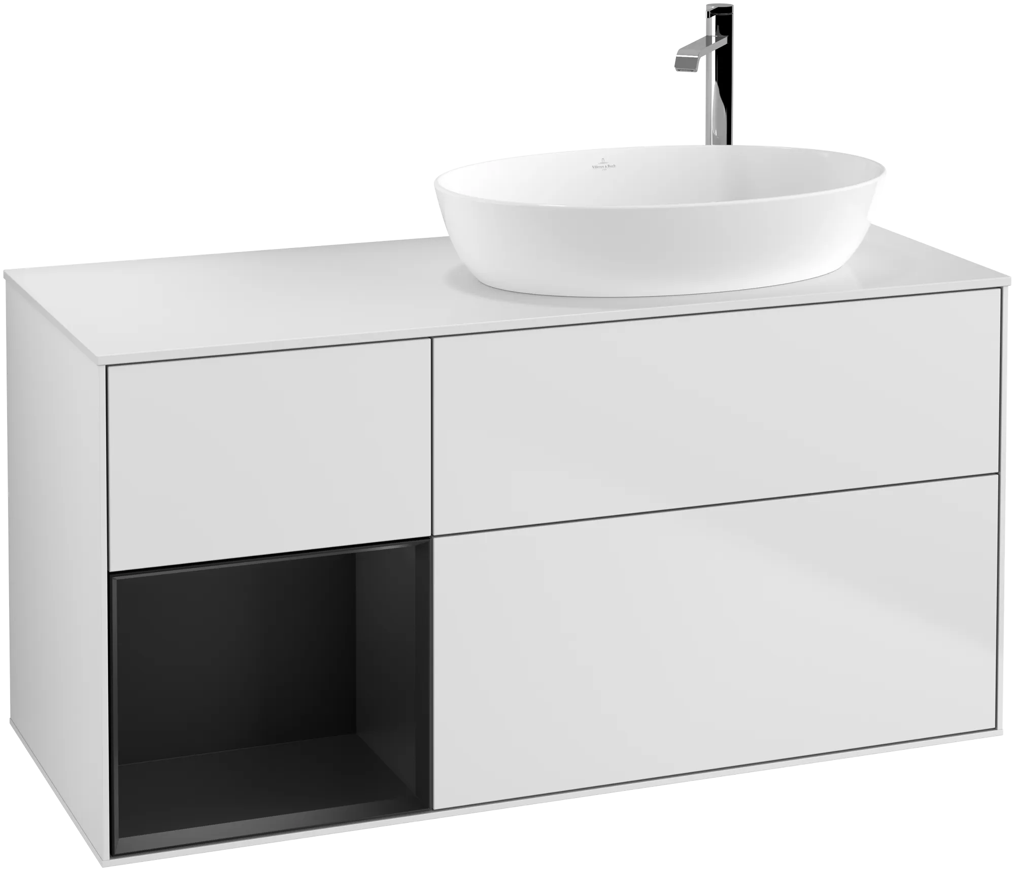 Obrázek VILLEROY BOCH Finion Vanity unit, with lighting, 3 pull-out compartments, 1200 x 603 x 501 mm, White Matt Lacquer / Black Matt Lacquer / Glass White Matt #G921PDMT