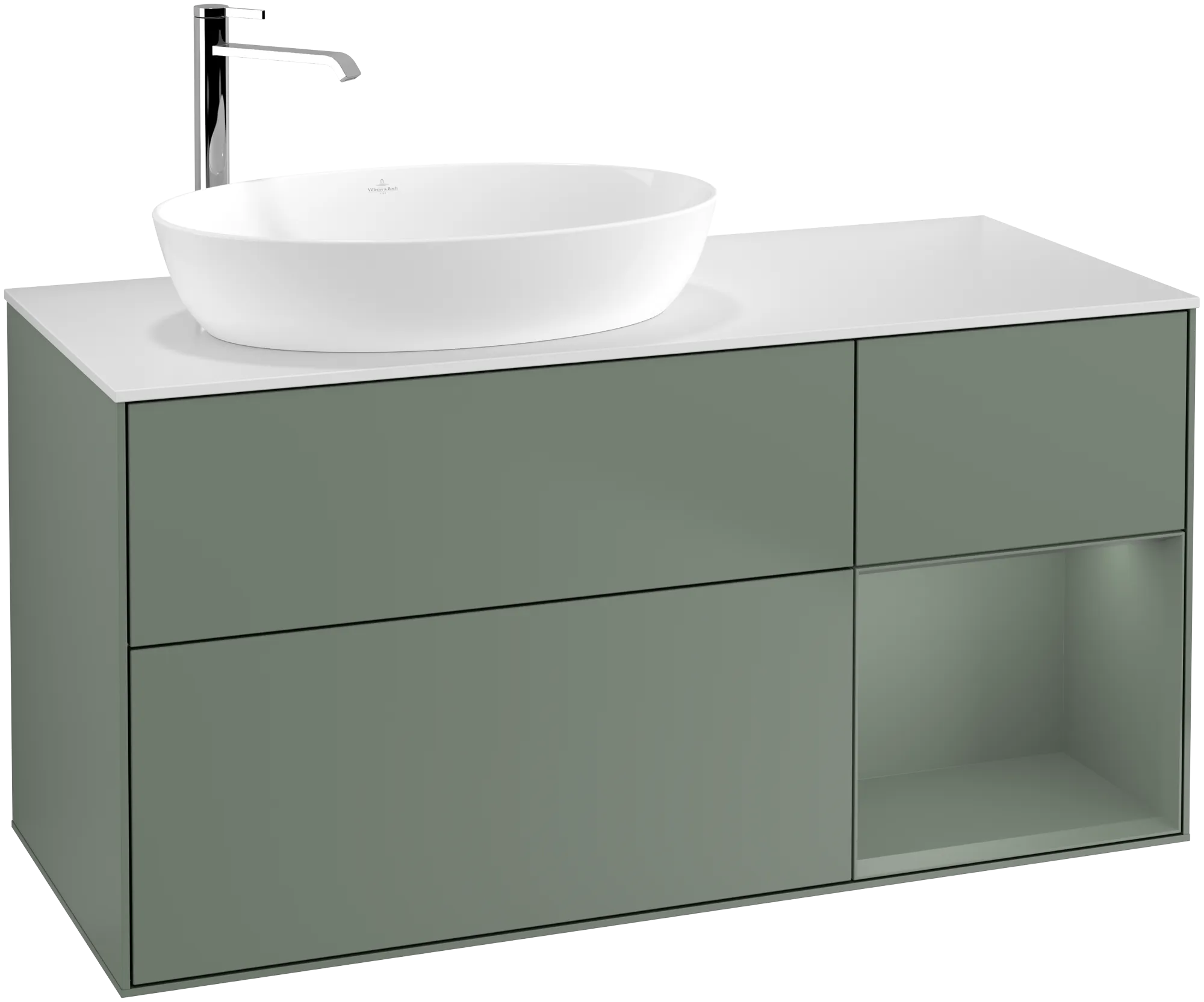 Obrázek VILLEROY BOCH Finion Vanity unit, with lighting, 3 pull-out compartments, 1200 x 603 x 501 mm, Olive Matt Lacquer / Olive Matt Lacquer / Glass White Matt #G931GMGM