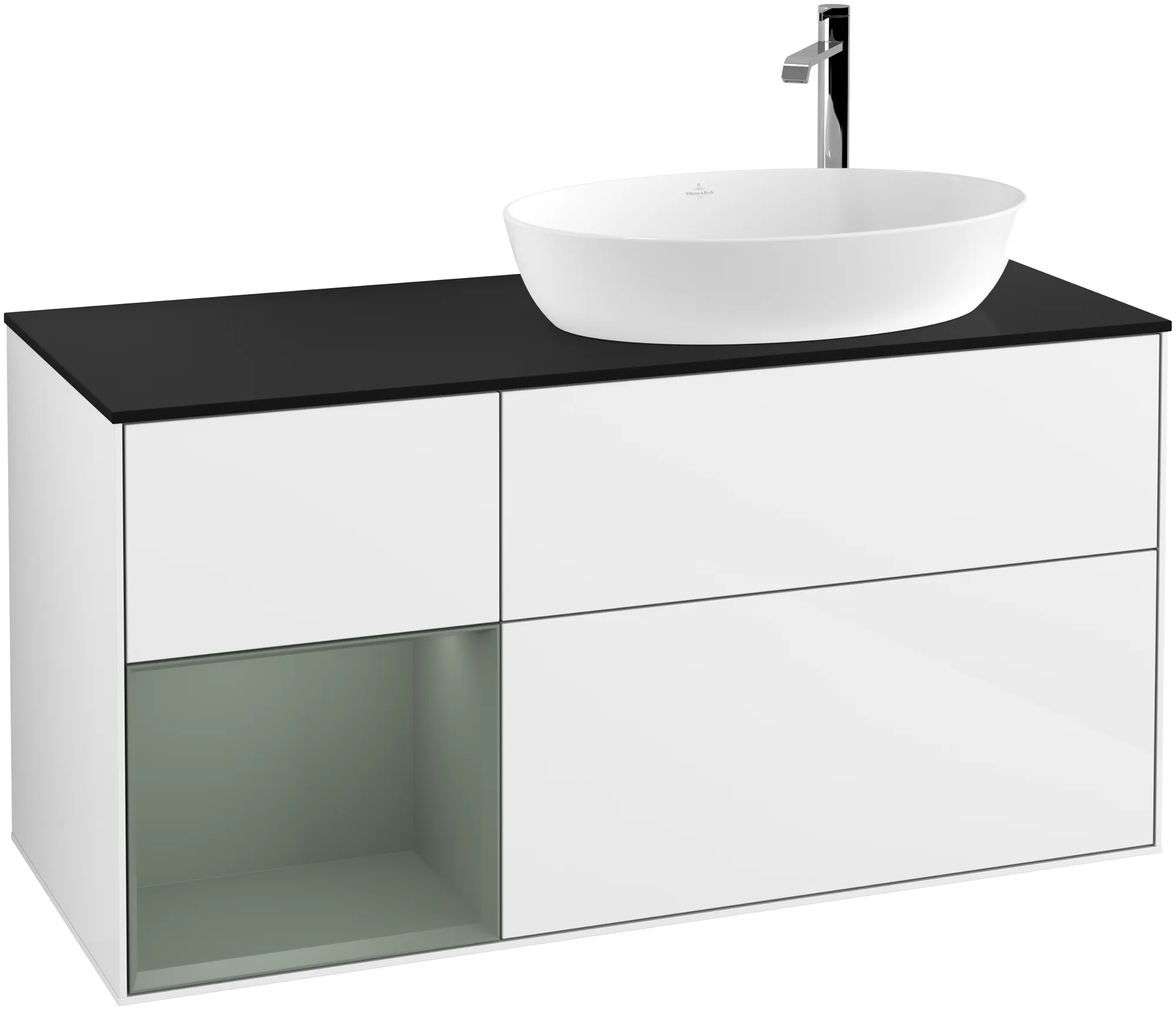 Obrázek VILLEROY BOCH Finion Vanity unit, with lighting, 3 pull-out compartments, 1200 x 603 x 501 mm, Glossy White Lacquer / Olive Matt Lacquer / Glass Black Matt #G922GMGF