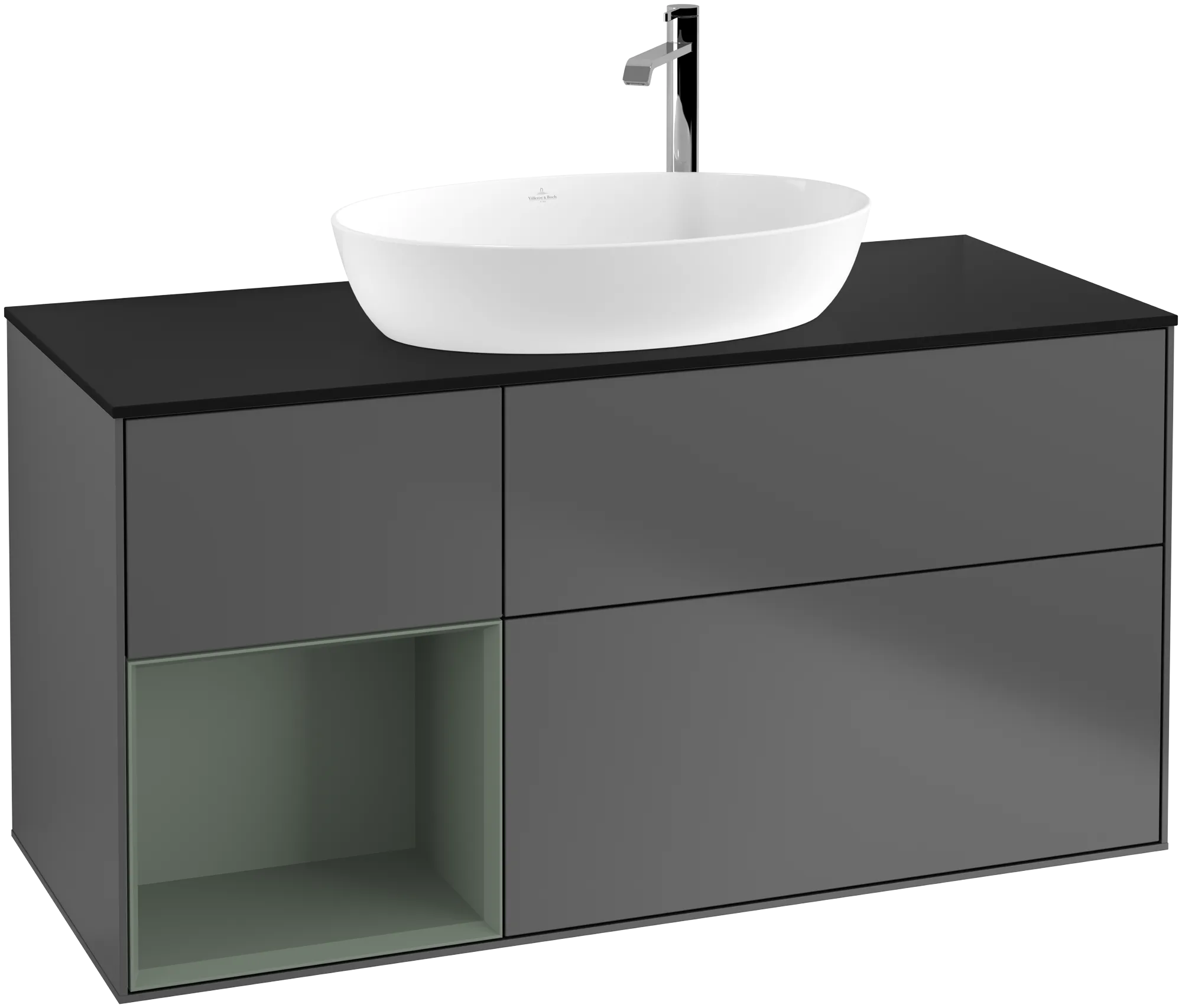 Obrázek VILLEROY BOCH Finion Vanity unit, with lighting, 3 pull-out compartments, 1200 x 603 x 501 mm, Anthracite Matt Lacquer / Olive Matt Lacquer / Glass Black Matt #G942GMGK