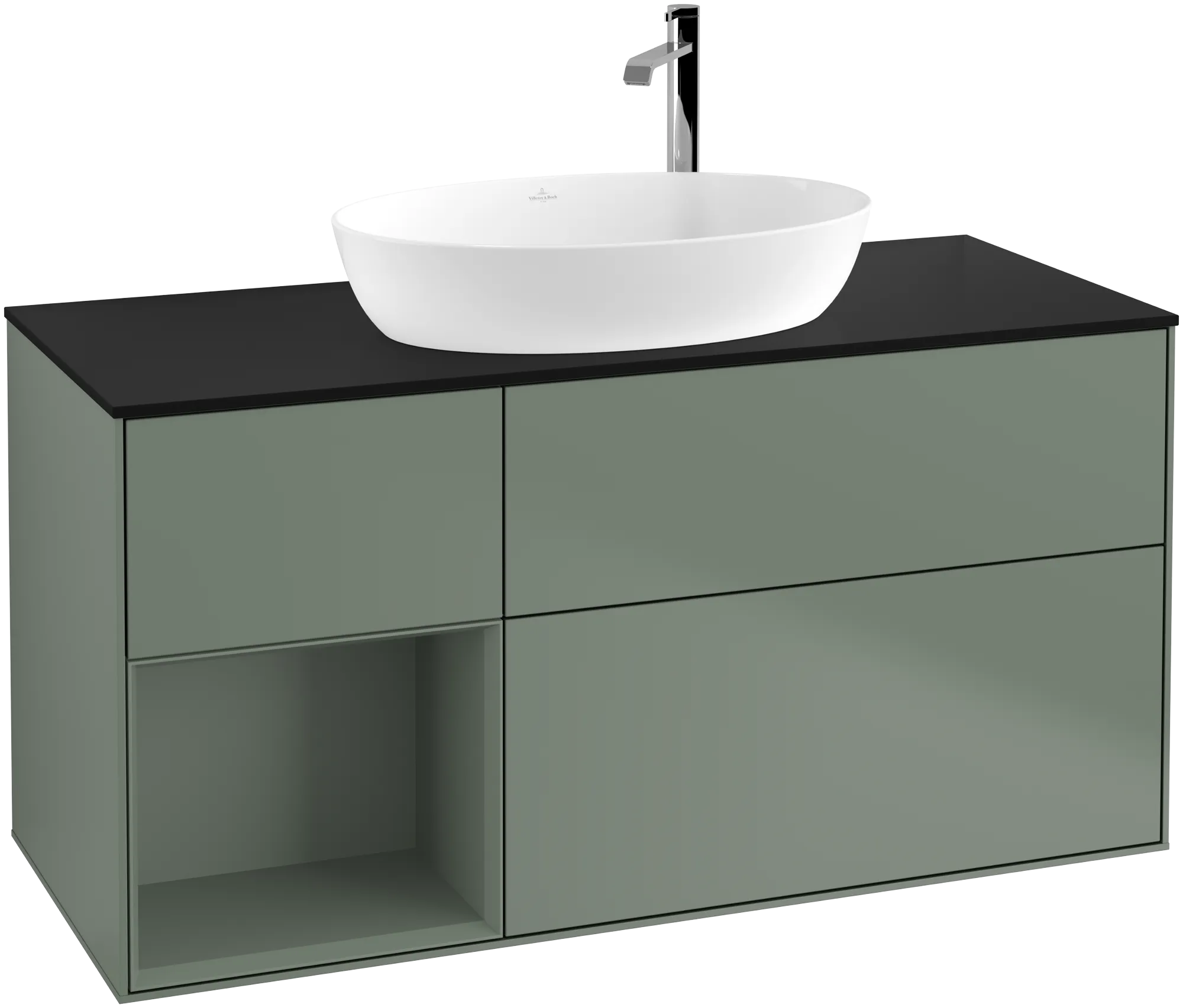 Obrázek VILLEROY BOCH Finion Vanity unit, with lighting, 3 pull-out compartments, 1200 x 603 x 501 mm, Olive Matt Lacquer / Olive Matt Lacquer / Glass Black Matt #G942GMGM