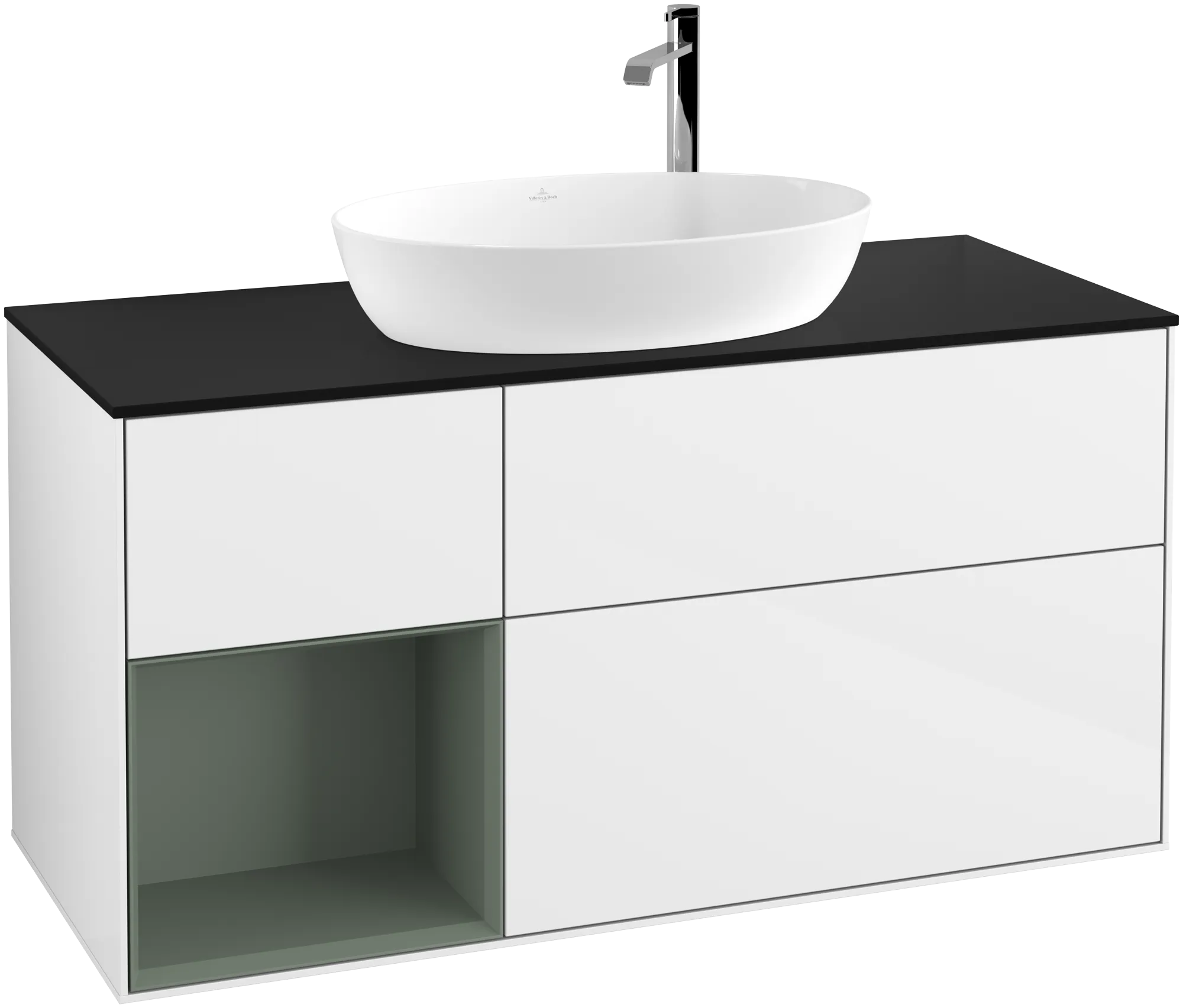 Obrázek VILLEROY BOCH Finion Vanity unit, with lighting, 3 pull-out compartments, 1200 x 603 x 501 mm, Glossy White Lacquer / Olive Matt Lacquer / Glass Black Matt #G942GMGF
