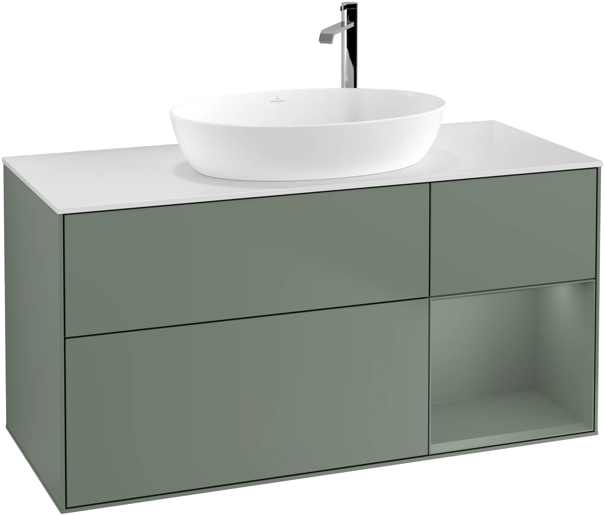 VILLEROY BOCH Finion Vanity unit, with lighting, 3 pull-out compartments, 1200 x 603 x 501 mm, Olive Matt Lacquer / Olive Matt Lacquer / Glass White Matt #G951GMGM resmi