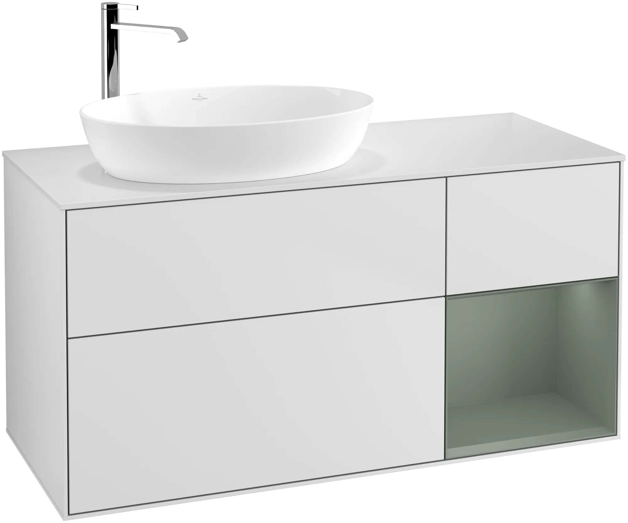 VILLEROY BOCH Finion Vanity unit, with lighting, 3 pull-out compartments, 1200 x 603 x 501 mm, White Matt Lacquer / Olive Matt Lacquer / Glass White Matt #G931GMMT resmi