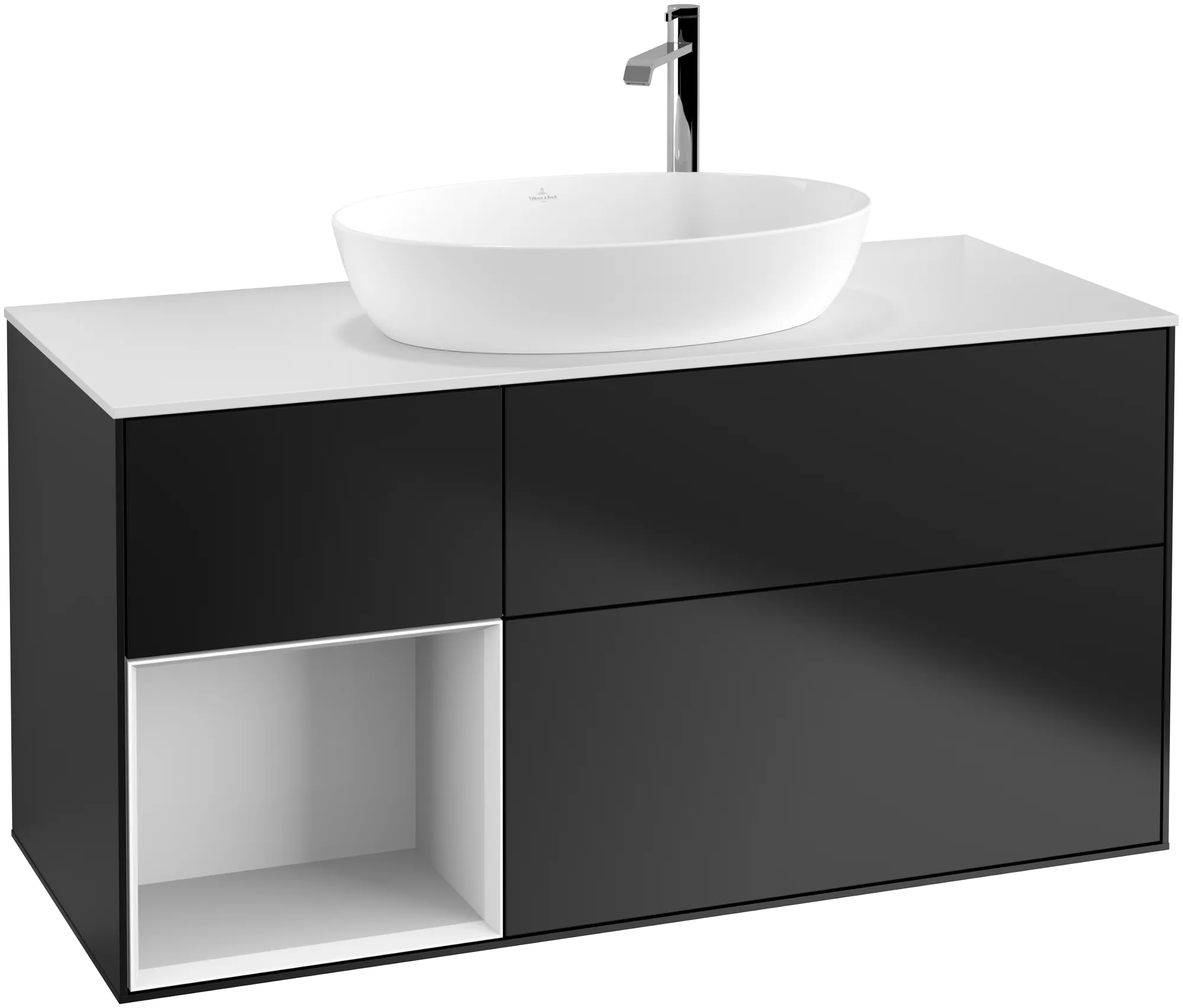 VILLEROY BOCH Finion Vanity unit, with lighting, 3 pull-out compartments, 1200 x 603 x 501 mm, Black Matt Lacquer / Glossy White Lacquer / Glass White Matt #G941GFPD resmi