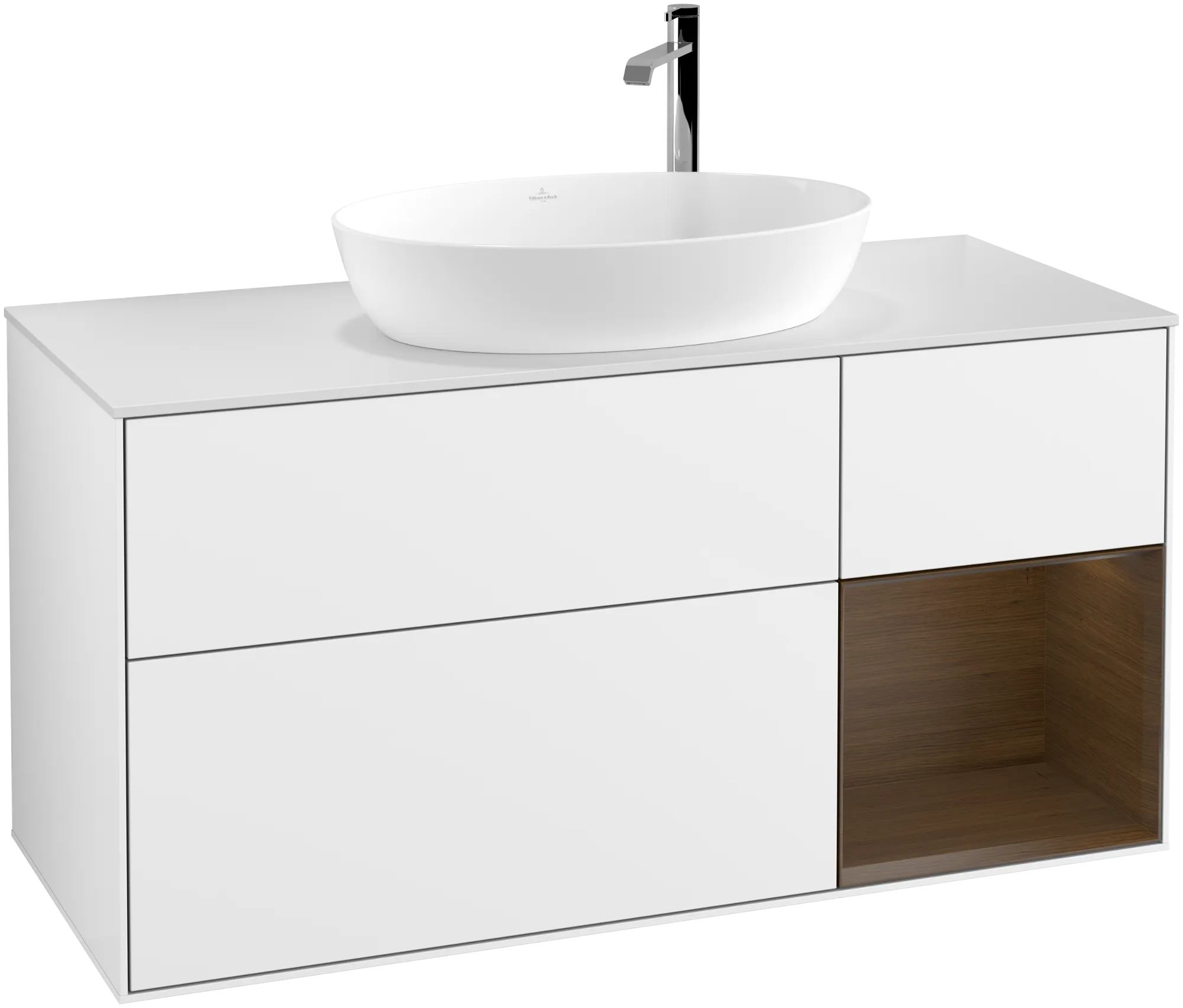 VILLEROY BOCH Finion Vanity unit, with lighting, 3 pull-out compartments, 1200 x 603 x 501 mm, Glossy White Lacquer / Walnut Veneer / Glass White Matt #G951GNGF resmi