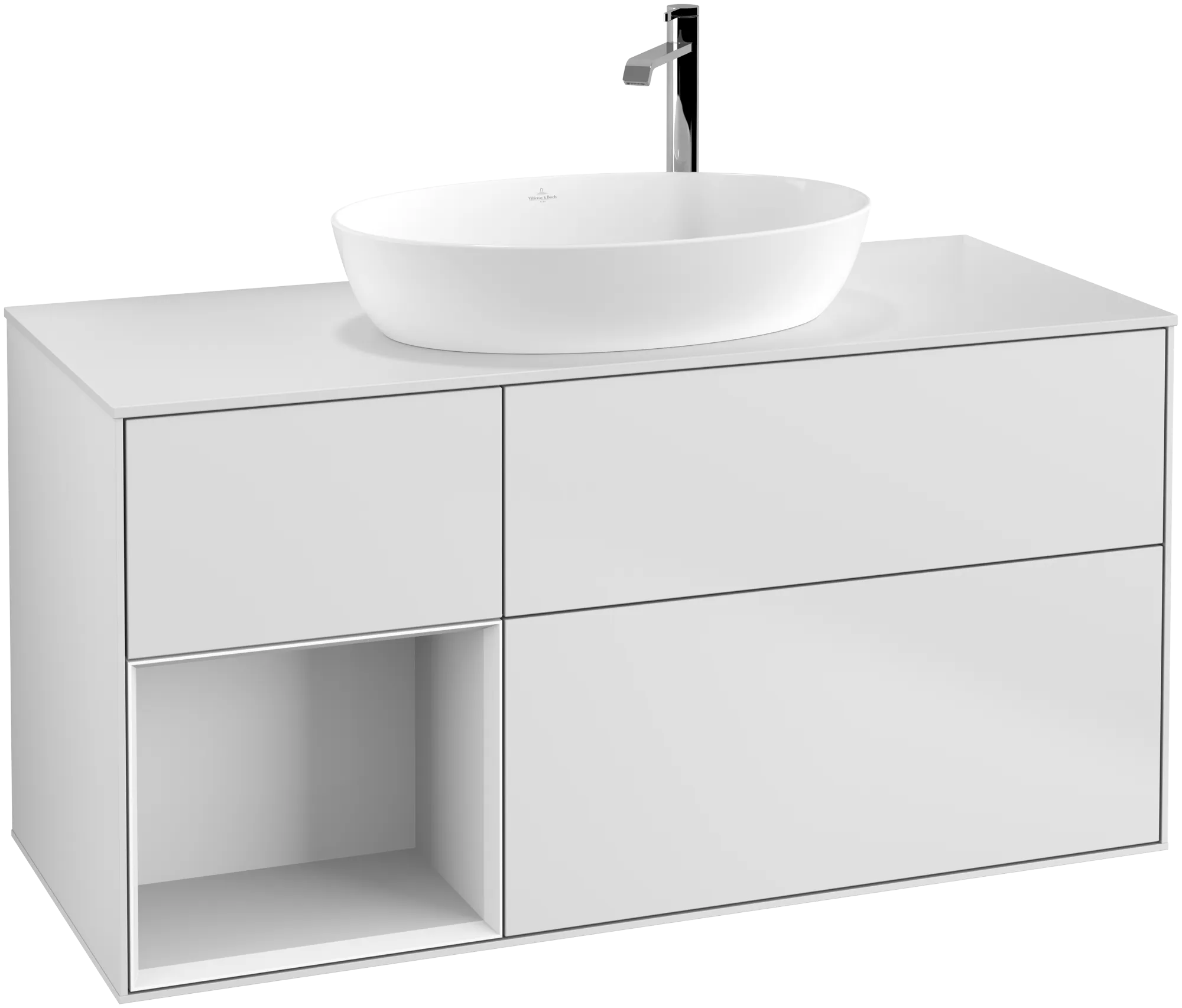 VILLEROY BOCH Finion Vanity unit, with lighting, 3 pull-out compartments, 1200 x 603 x 501 mm, White Matt Lacquer / Glossy White Lacquer / Glass White Matt #G941GFMT resmi