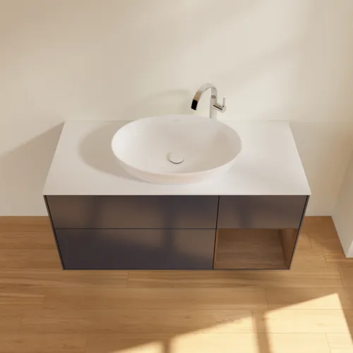 Bild von VILLEROY BOCH Finion Waschbeckenunterschrank, mit Beleuchtung, 3 Auszüge, 1200 x 603 x 501 mm, Midnight Blue Matt Lacquer / Walnut Veneer / Glass White Matt #G951GNHG