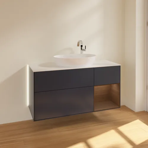 Bild von VILLEROY BOCH Finion Waschbeckenunterschrank, mit Beleuchtung, 3 Auszüge, 1200 x 603 x 501 mm, Midnight Blue Matt Lacquer / Walnut Veneer / Glass White Matt #G951GNHG
