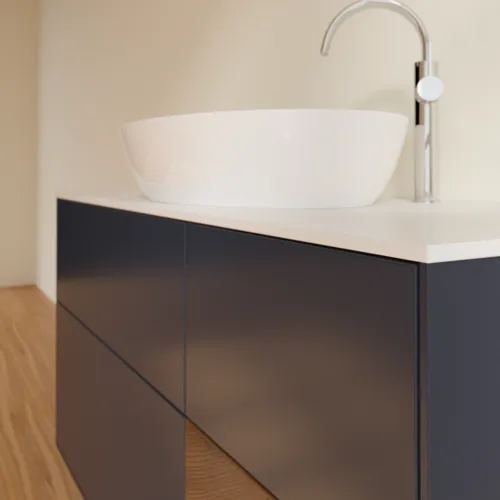 Bild von VILLEROY BOCH Finion Waschbeckenunterschrank, mit Beleuchtung, 3 Auszüge, 1200 x 603 x 501 mm, Midnight Blue Matt Lacquer / Walnut Veneer / Glass White Matt #G951GNHG
