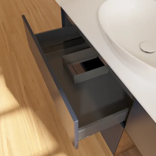 Bild von VILLEROY BOCH Finion Waschbeckenunterschrank, mit Beleuchtung, 3 Auszüge, 1200 x 603 x 501 mm, Midnight Blue Matt Lacquer / Walnut Veneer / Glass White Matt #G951GNHG