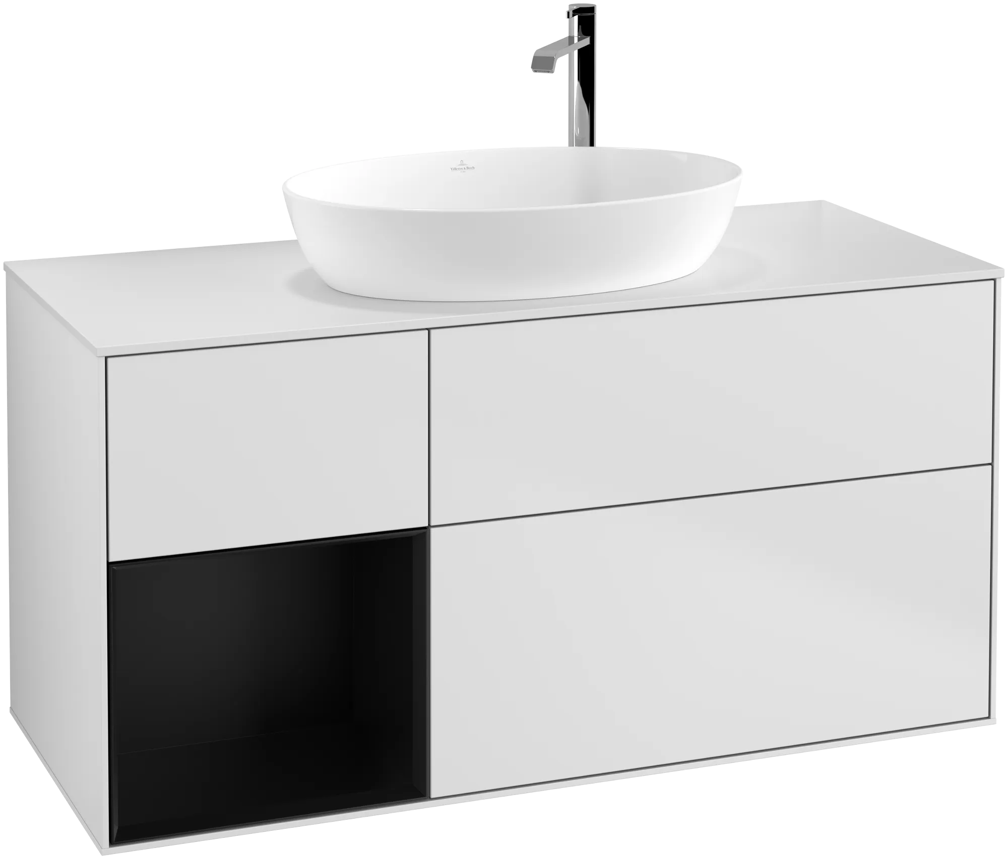 VILLEROY BOCH Finion Vanity unit, with lighting, 3 pull-out compartments, 1200 x 603 x 501 mm, White Matt Lacquer / Black Matt Lacquer / Glass White Matt #G941PDMT resmi