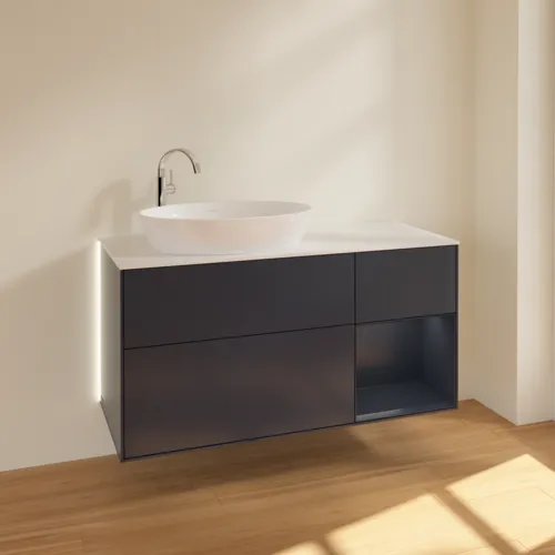Bild von VILLEROY BOCH Finion Waschbeckenunterschrank, mit Beleuchtung, 3 Auszüge, 1200 x 603 x 501 mm, Midnight Blue Matt Lacquer / Midnight Blue Matt Lacquer / Glass White Matt #G931HGHG