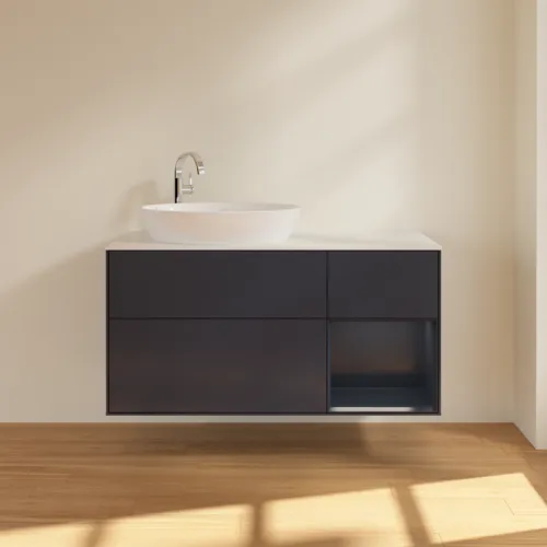 Bild von VILLEROY BOCH Finion Waschbeckenunterschrank, mit Beleuchtung, 3 Auszüge, 1200 x 603 x 501 mm, Midnight Blue Matt Lacquer / Midnight Blue Matt Lacquer / Glass White Matt #G931HGHG